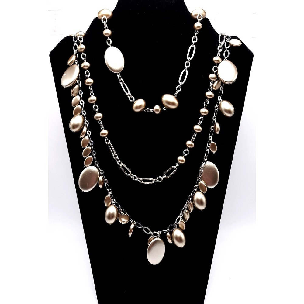 Talbots Layered Statement Necklace Silver Champagne Disc Dangles NWT